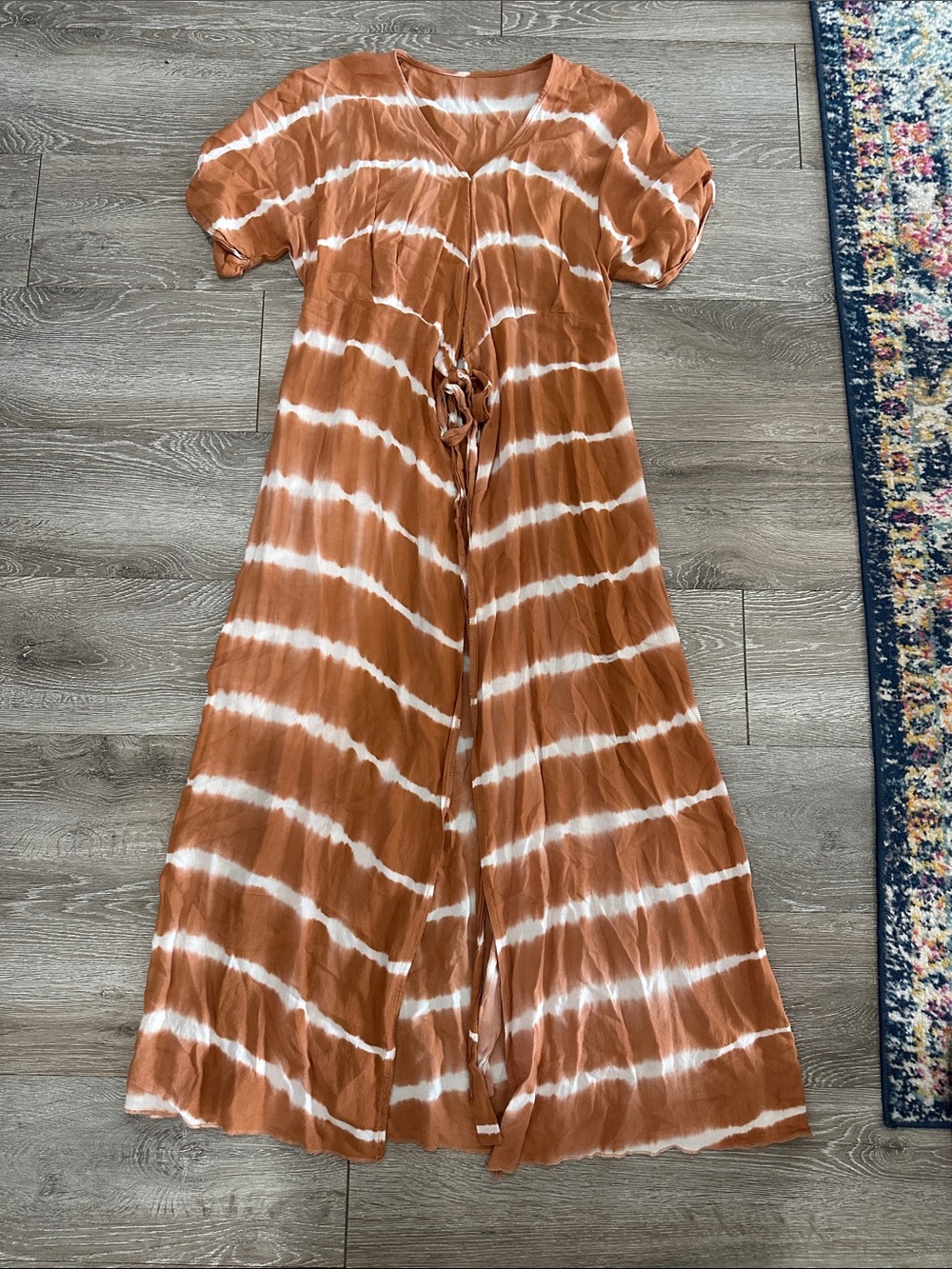 Rust & White Tie-Dye Short Sleeve Tunic Duster with Front Tie